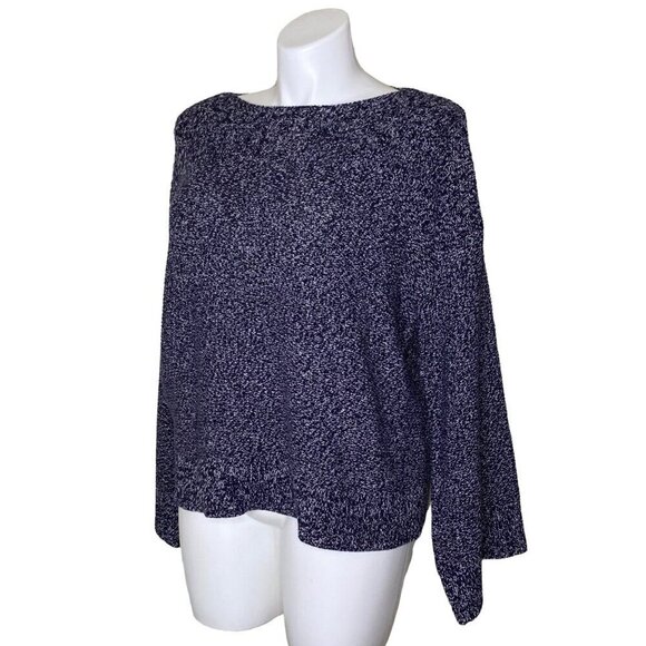 Loft Black White Marled Pullover Sweater Long Flare Sleeve Cotton Women's Size L - Picture 7 of 9